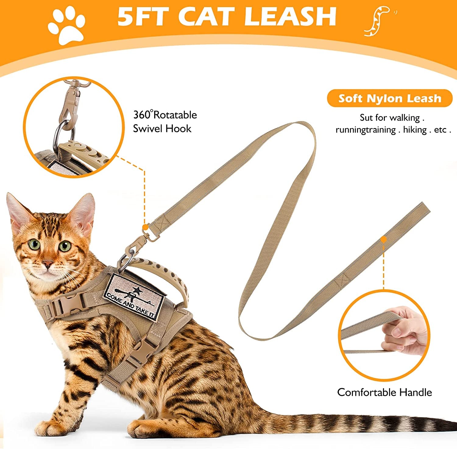 Adjustable Tactical Cat Harness and Leash Set - Escape-Proof Vest with Molle Patches, Soft Mesh Padding, and Rubber Handle in Khaki