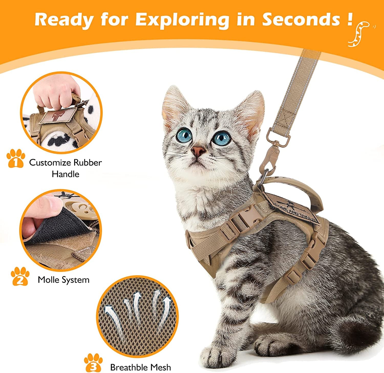 Adjustable Tactical Cat Harness and Leash Set - Escape-Proof Vest with Molle Patches, Soft Mesh Padding, and Rubber Handle in Khaki