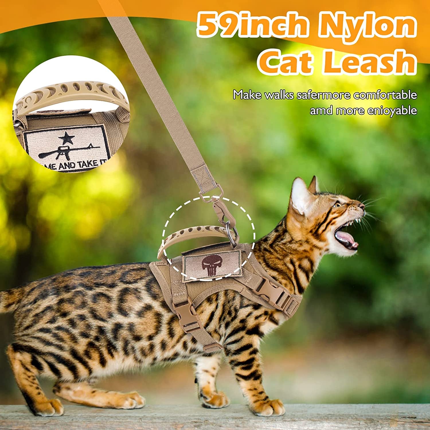 Adjustable Tactical Cat Harness and Leash Set - Escape-Proof Vest with Molle Patches, Soft Mesh Padding, and Rubber Handle in Khaki