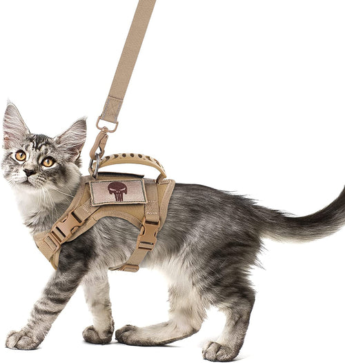 Adjustable Tactical Cat Harness and Leash Set - Escape-Proof Vest with Molle Patches, Soft Mesh Padding, and Rubber Handle in Khaki