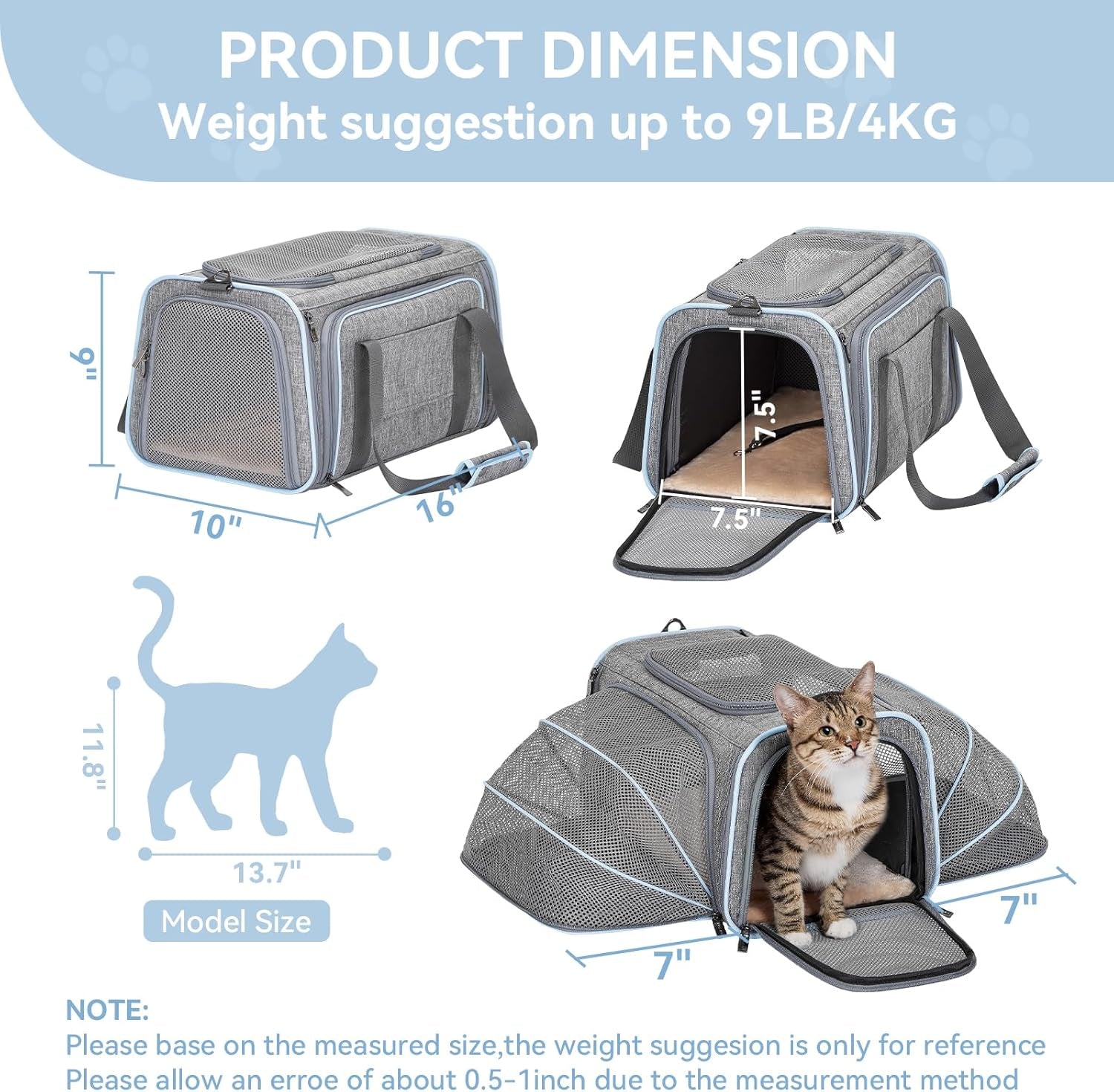Expandable Soft-Sided Pet Carrier for Cats and Small Dogs, Airline Approved, Washable, with Two Extensions for Pets Up to 9 lbs