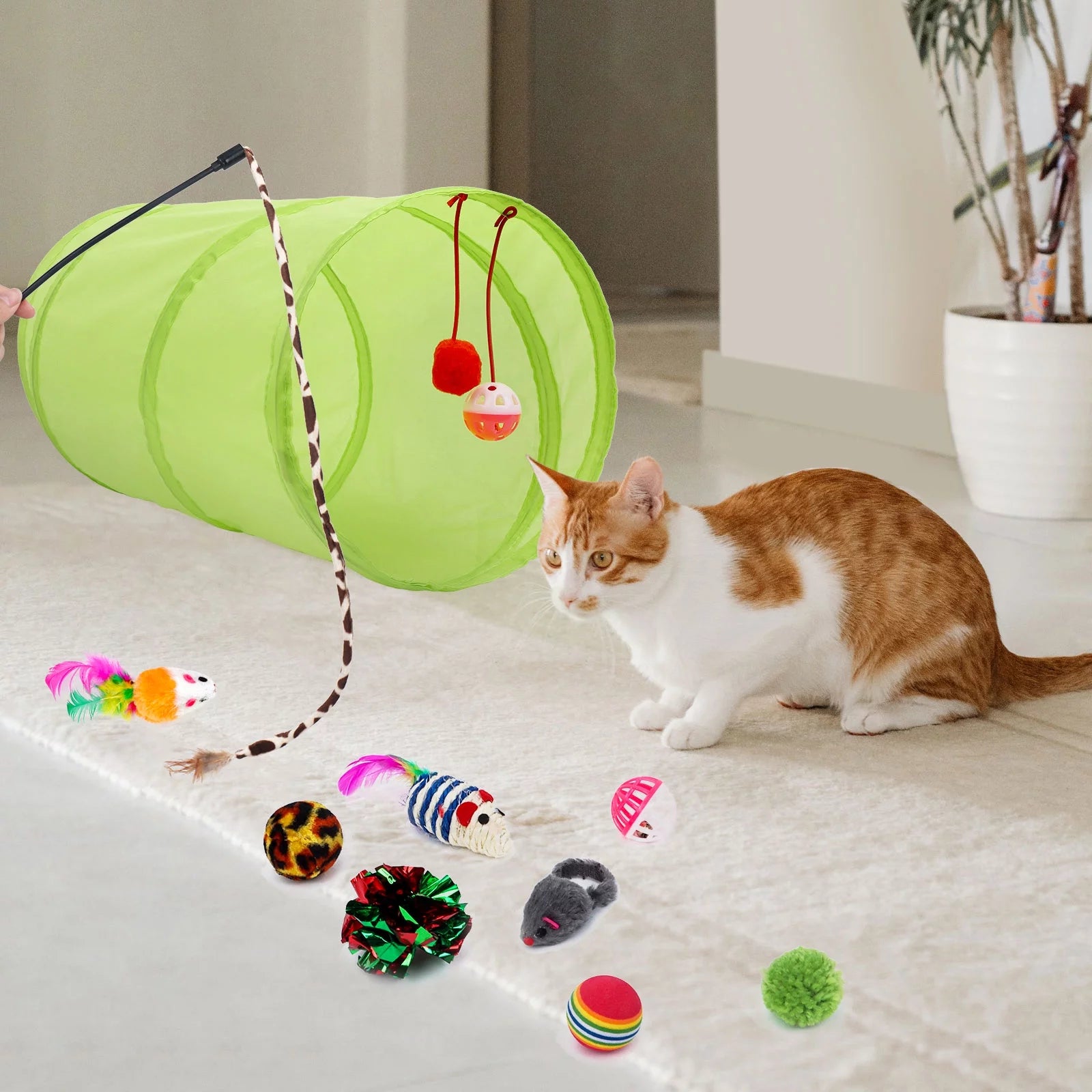 21-Piece Interactive Cat Toy Set with Tunnel, Teasers, Fluffy Mice, and Crinkle Balls