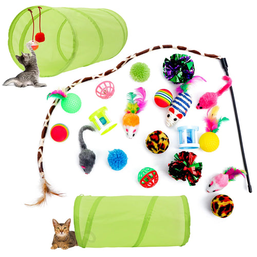 21-Piece Interactive Cat Toy Set with Tunnel, Teasers, Fluffy Mice, and Crinkle Balls