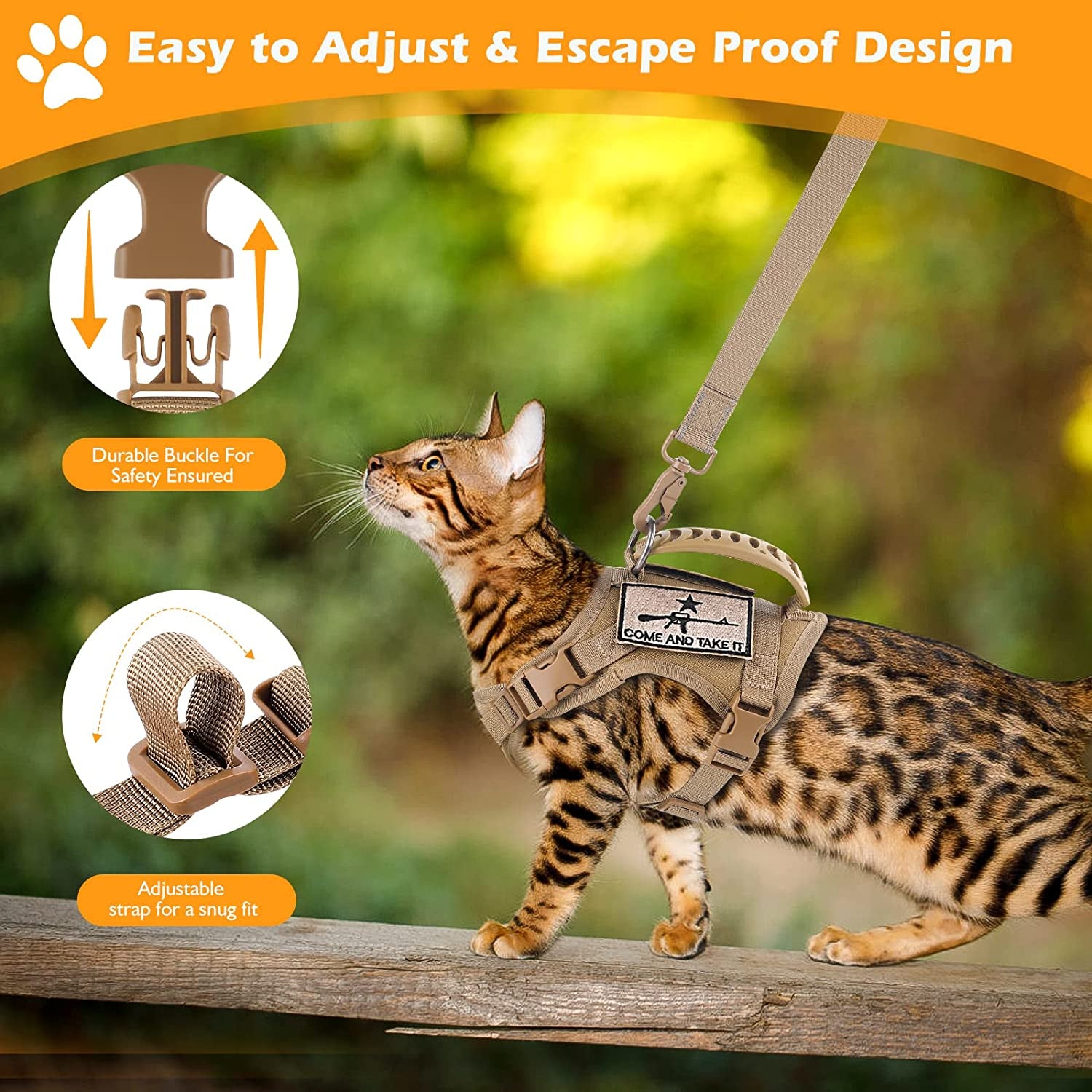 Adjustable Tactical Cat Harness and Leash Set - Escape-Proof Vest with Molle Patches, Soft Mesh Padding, and Rubber Handle in Khaki